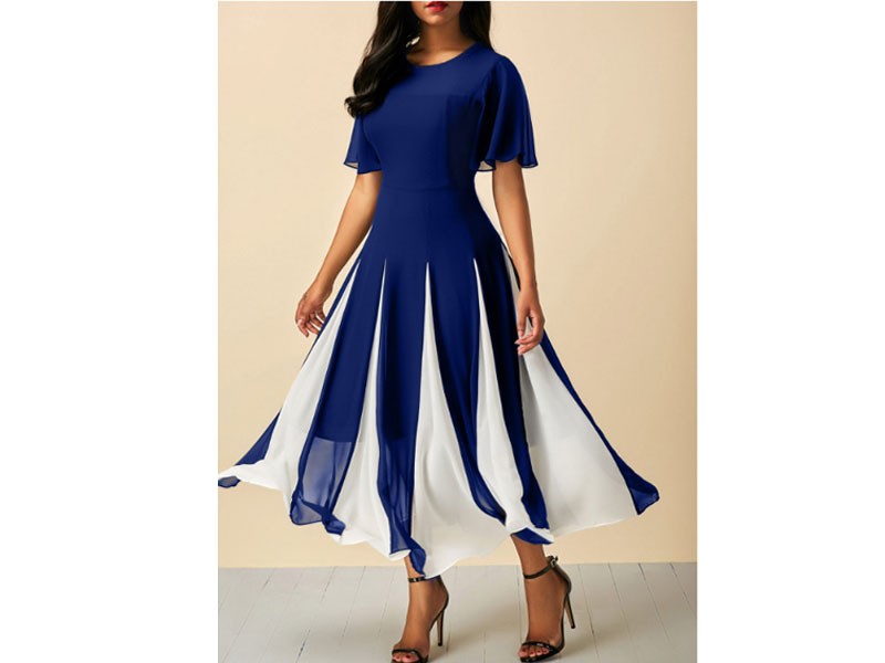 Women's Round Neck Butterfly Sleeve Navy Dress