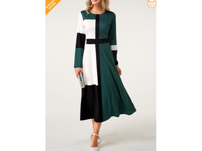 Women's Back Zipper Long Sleeve Color Block Dress