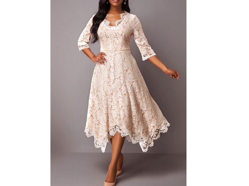 Asymmetric Hem Three Quarter Sleeve High Waist Lace Dress For Women