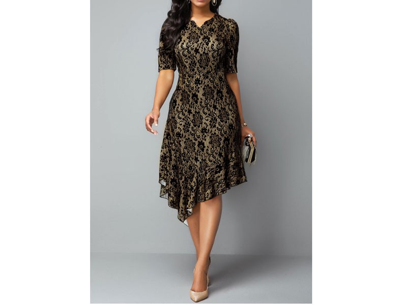 Women's Split Neck Half Sleeve Asymmetric Hem Lace Dress