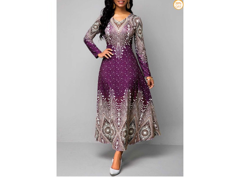 Retro Print Long Sleeve V Neck Maxi Dress For Women