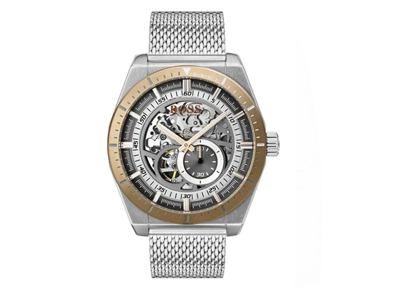 Hugo Boss Men's Signature Skeleton Dial Watch Stainless Metal Mesh Bracelet