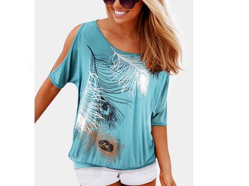 Blue Feather Printing T-shirt With Cold Shoulder For Women