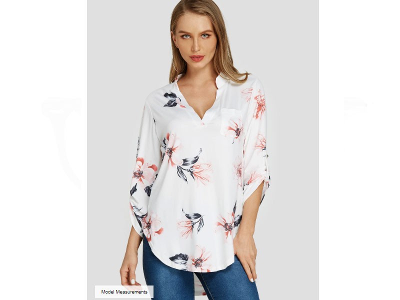 Women's White Random Floral Print V-neck Adjustable Length Sleeves Blouse