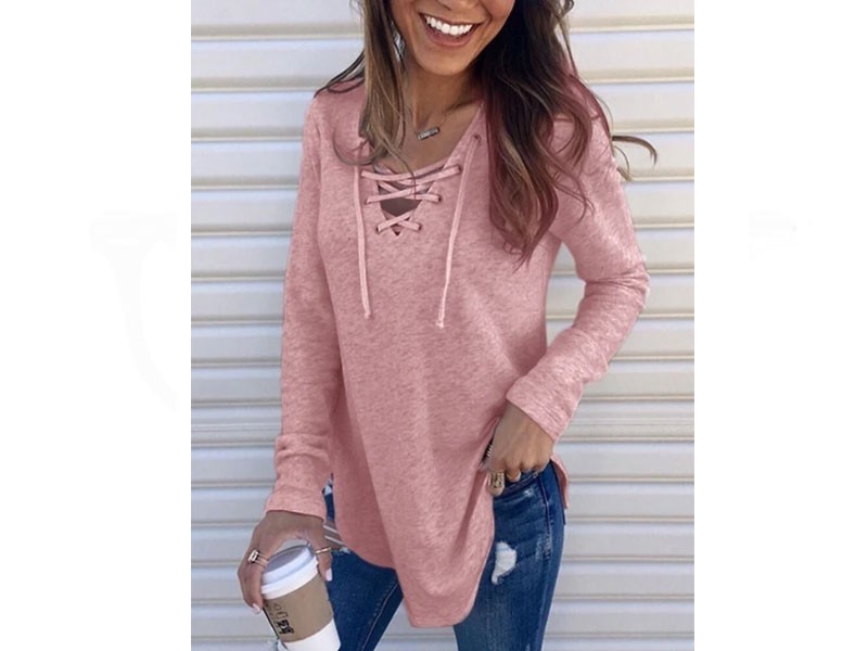 Women's Pink Lace-up Design V-neck Long Sleeves Tee