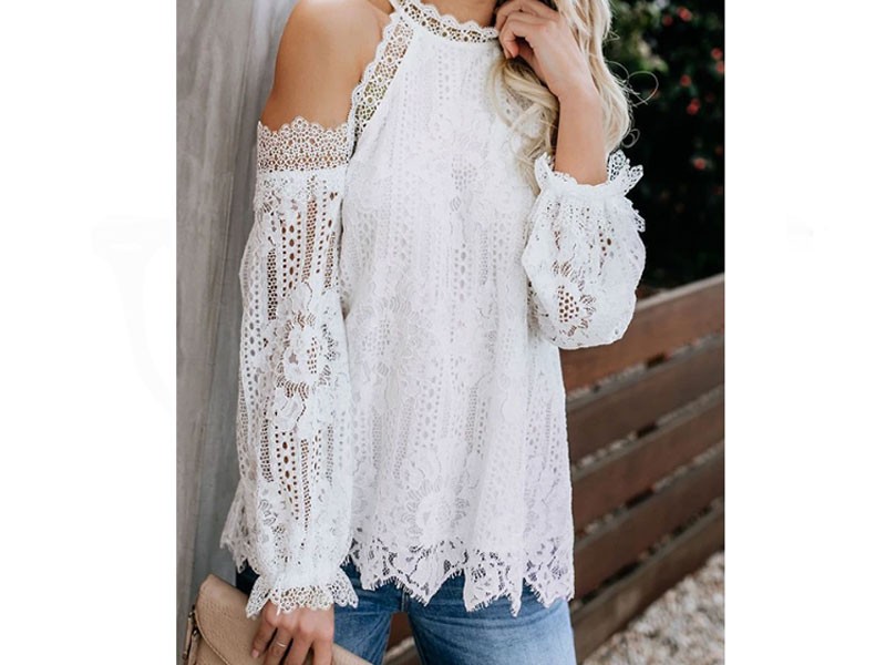 Women's Zanzea Crochet Lace Embellished Cold Shoulder Blouse