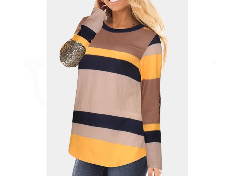 Stitching Sequins Embellished Contrast Color Stripe T-shirt For Women