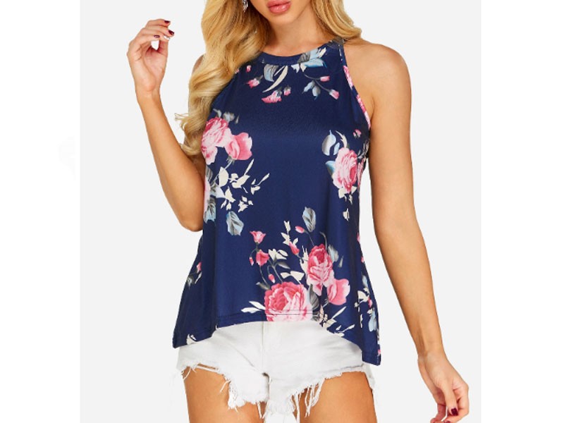 Women's Navy Halter Random Floral Print Top