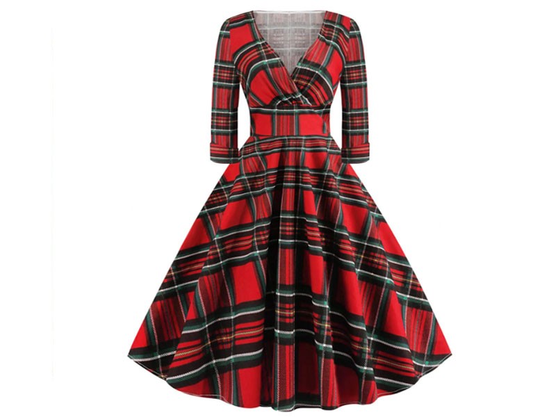 Women's Plus Size Vintage Plaid Surplice Dress