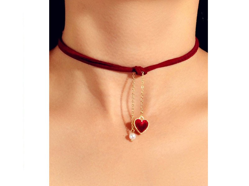 Women's Heart Faux Pearl Rope Pendant Choker Necklace