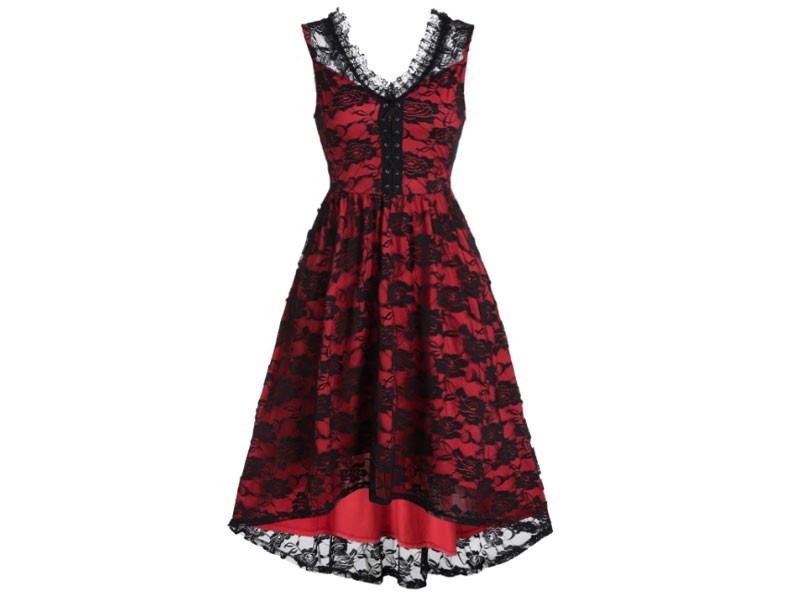 Women's Sleeveless Lace-up Flower Lace High Low Cocktail Dress