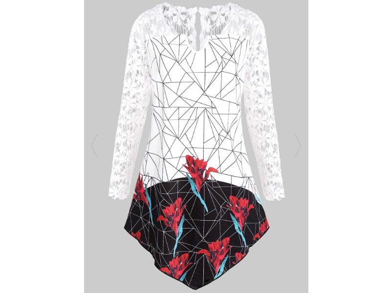 Plus Size Asymmetrical Lace Insert Geometric Floral T-shirt For Women