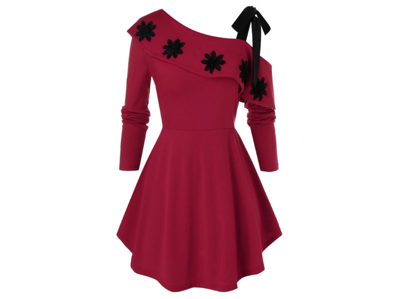 Plus Size Tie Skew Collar Flower Embellished Dress For Women
