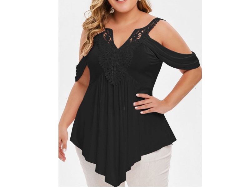 Women's Plus Size Asymmetrical Lace Crochet Cold Shoulder T-shirt