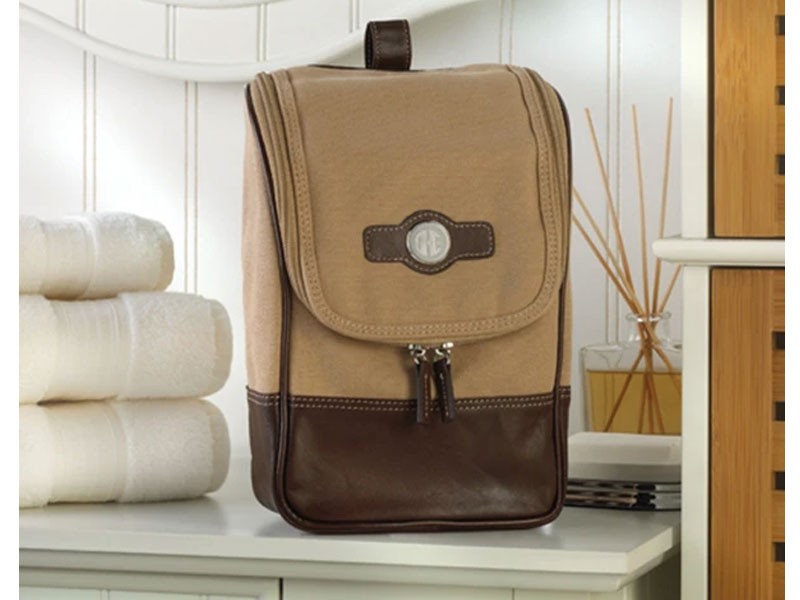 Personalized Brown Canvas and Leather Travel Kit