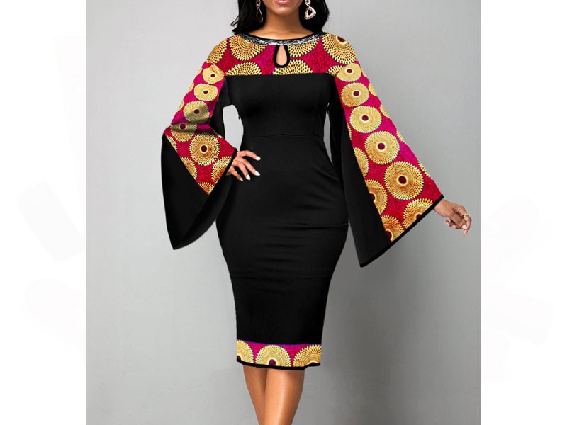 Flare Sleeve Tribal Print Keyhole Neckline Dress