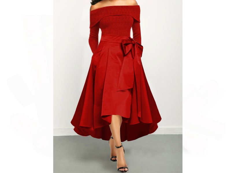 Bowknot Detail Off the Shoulder Red Maxi Dress