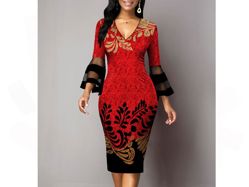 Flare Sleeve Mesh Panel Leaves Print Sheath Dress For Women