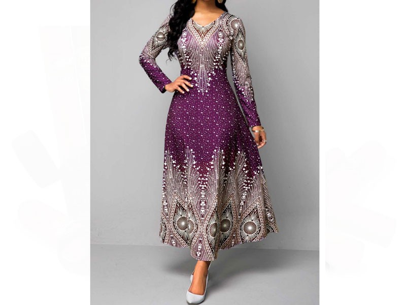 Women's V Neck Retro Print Long Sleeve Maxi Dress