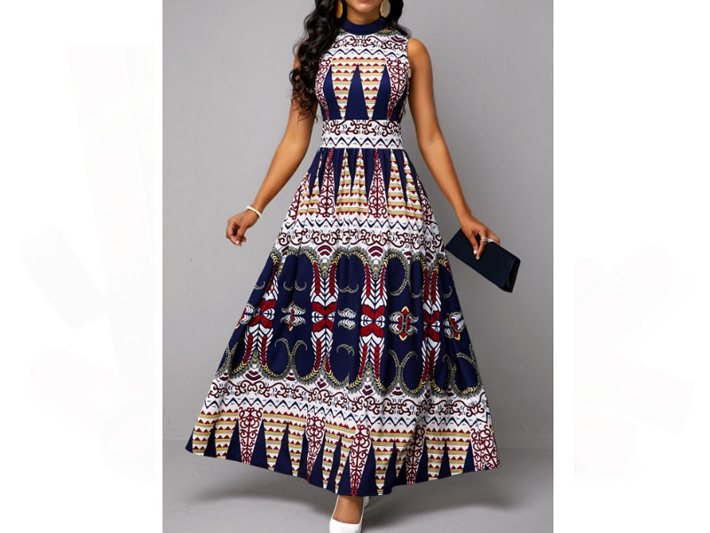 Women's Mock Neck Tribal Print Sleeveless Dress