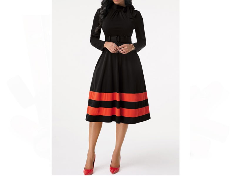 Women's Long Sleeve Pocket Tie Neck Dress