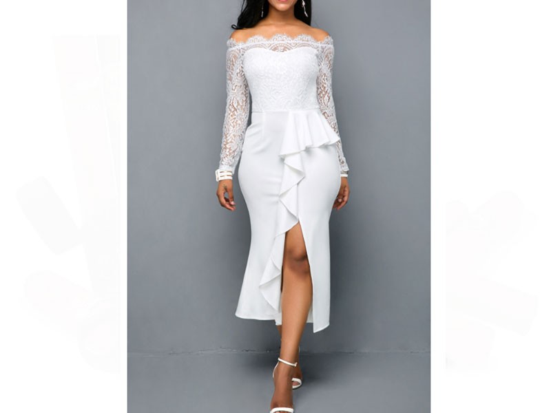 Lace Panel Ruffle Trim Off the Shoulder Dress For Women