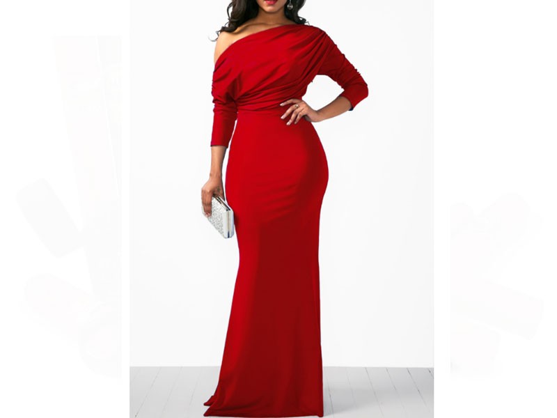 Women's Red Skew Neck High Waist Dress
