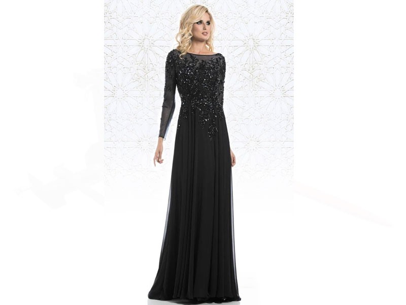 Long Sleeve Beaded Black Dress For Women