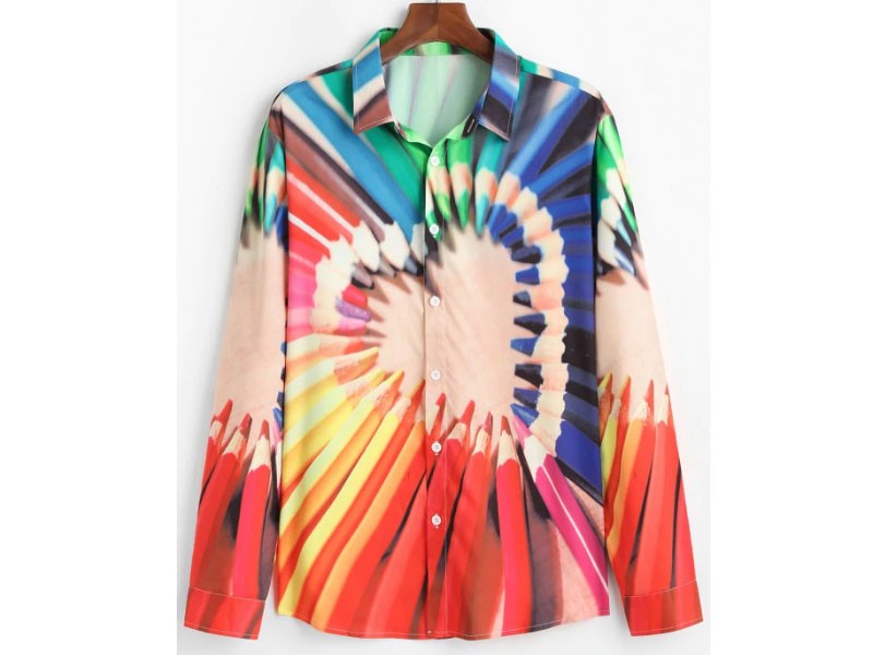 Pencil Crayon Heart Graphic Button Up Lounge Shirt For Men