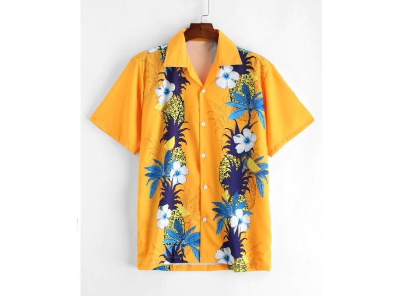 Men's Pineapple Flower Print Button Vacation Shirt