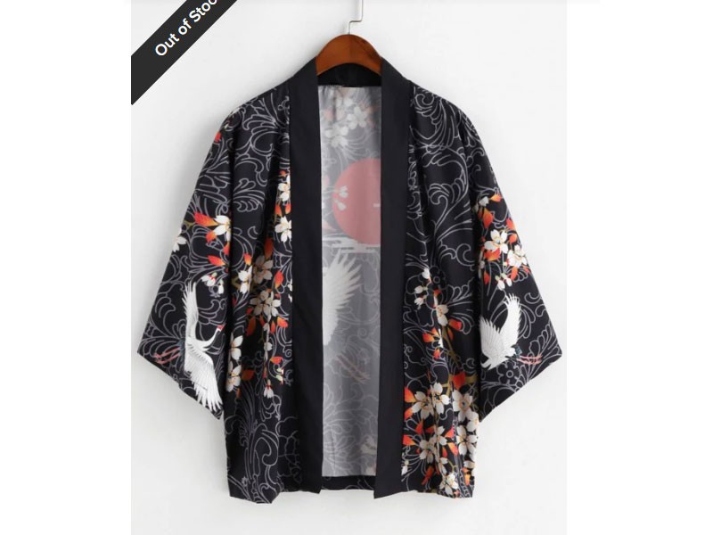 Floral Flying Crane Red Sun Print Drop Shoulder Kimono Cardigan For Men
