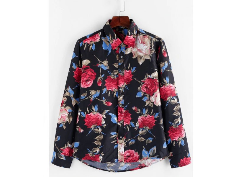 Rose Flower Allover Print Long Sleeve Button Shirt For Men