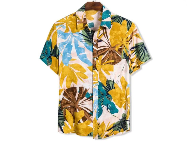 Leaf Print Slim Fit Hawaii Shirt For Men