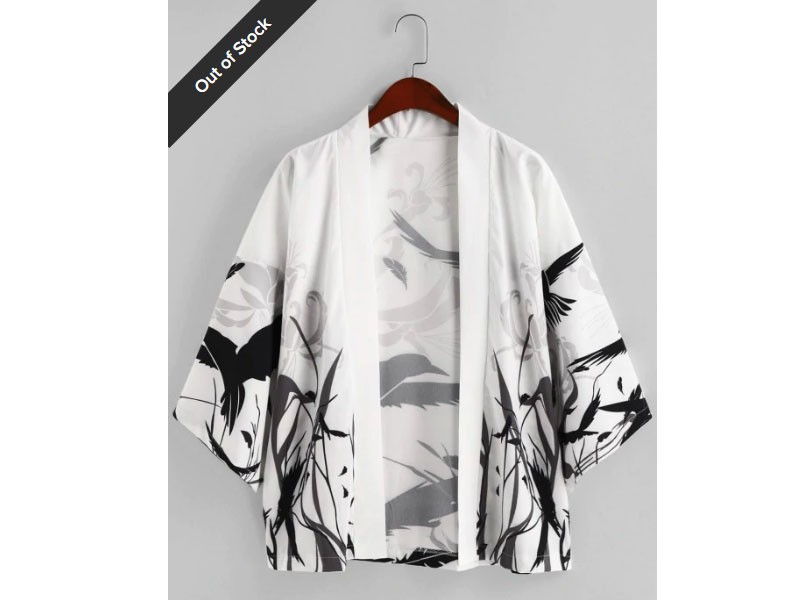 Men's Floral Bird Painting Plant Print Open Front Kimono Cardigan