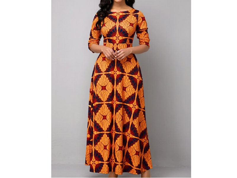 Long Sleeve Boat Neck Tribal Print Maxi Dress For Women