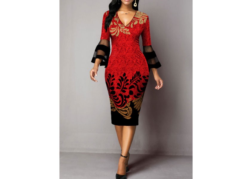 Flare Sleeve Mesh Panel Leaves Print Sheath Dress For Women