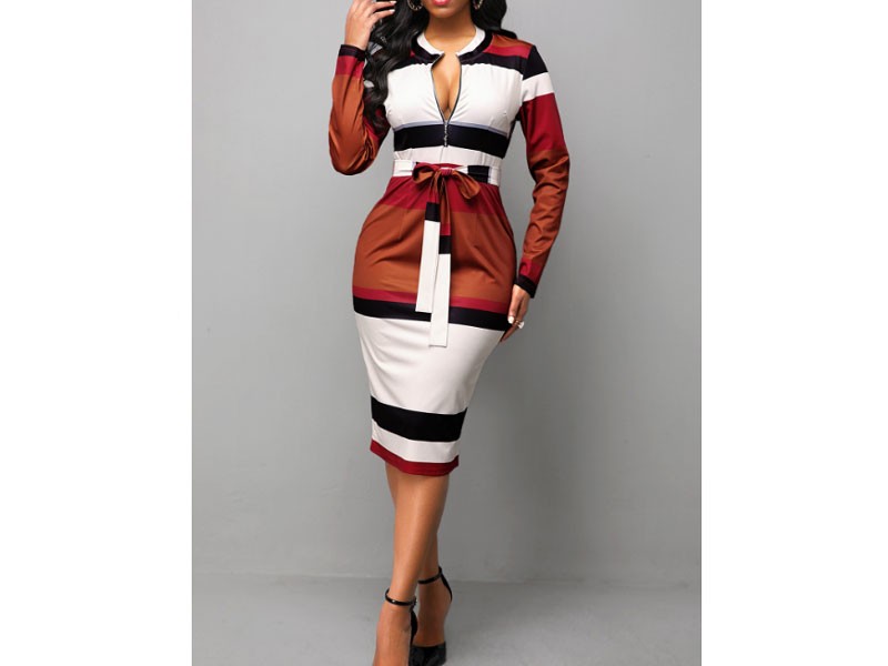 Women's Color Block Zipper Long Sleeve Dress