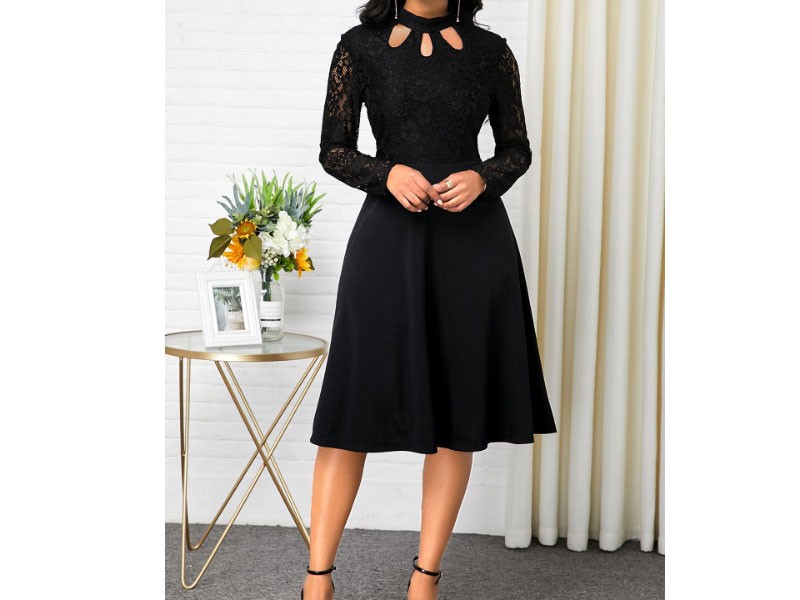 Long Sleeve Lace Patchwork Black Dress For Women
