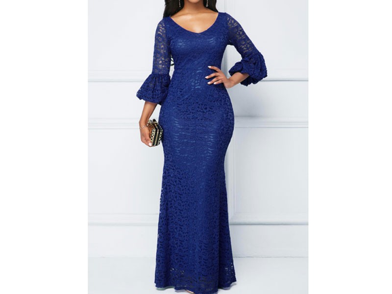 Women's V Neck Flare Sleeve Royal Blue Lace Dress