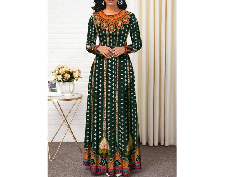 Round Neck Retro Print Long Sleeve Maxi Dress For Women