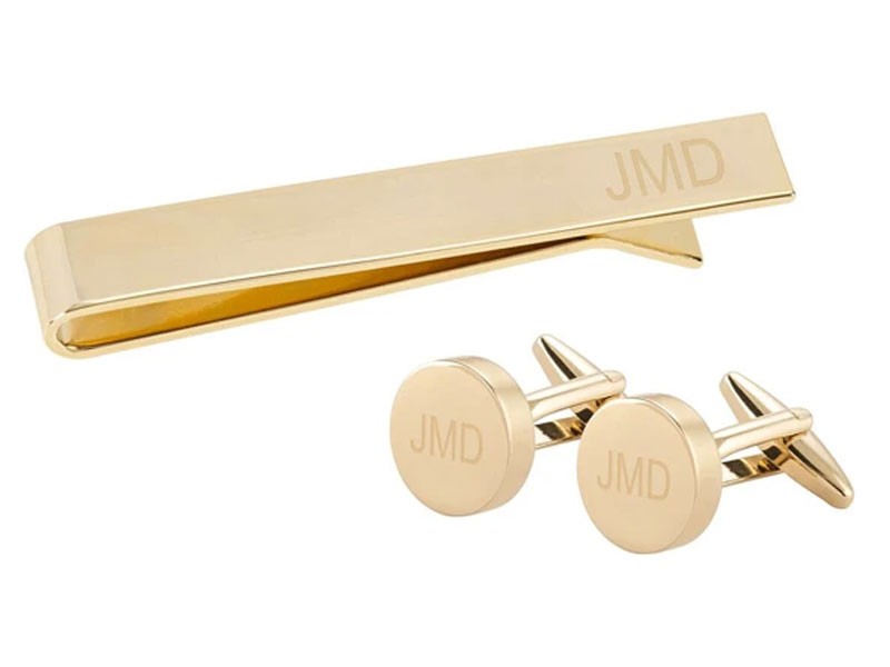 Personalized Round Cuff Link and Tie Clip Set