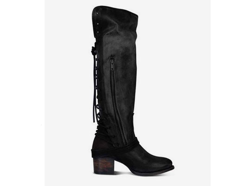 Back Lace Up Mid Heel Leather Knee High Boots For Women