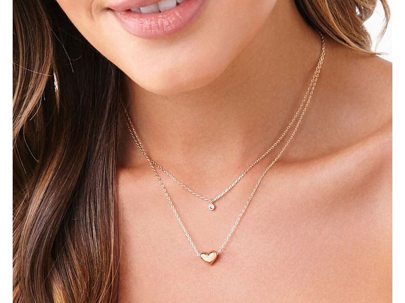 Rhinestone & Heart Charm Necklace For Women