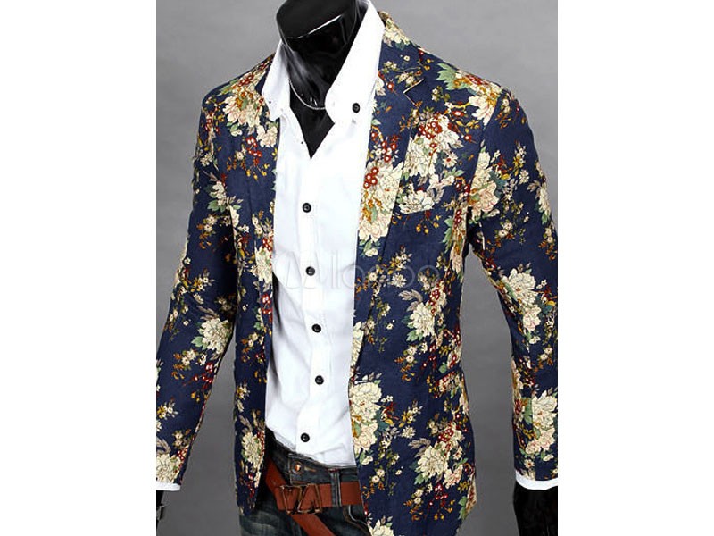 Print Cotton Blend Suit Jacket 2020 Navy Blue Blazer For Men