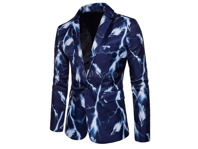 Men Casual Blazer Long Sleeve Turndown Collar Leaf Print Blue Dress Suit