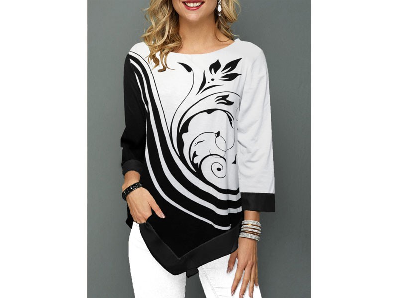 Asymmetric Hem Flower Print Three Quarter Sleeve T Shirt