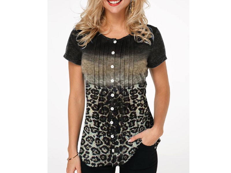 Leopard Print Button Up Crinkle Chest T Shirt For Women