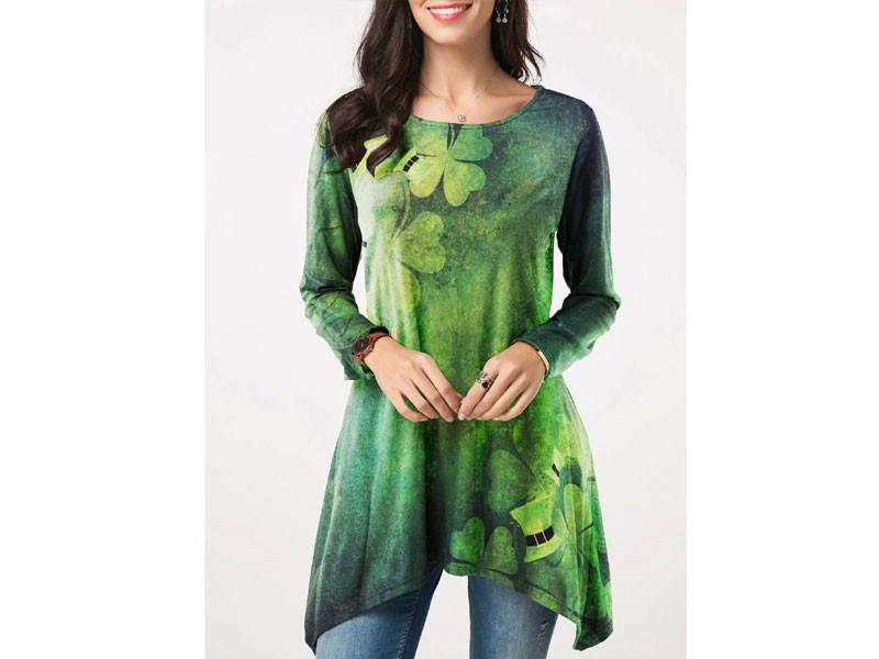 Women's Clover Print Asymmetric Hem ST Patricks Day T Shirt