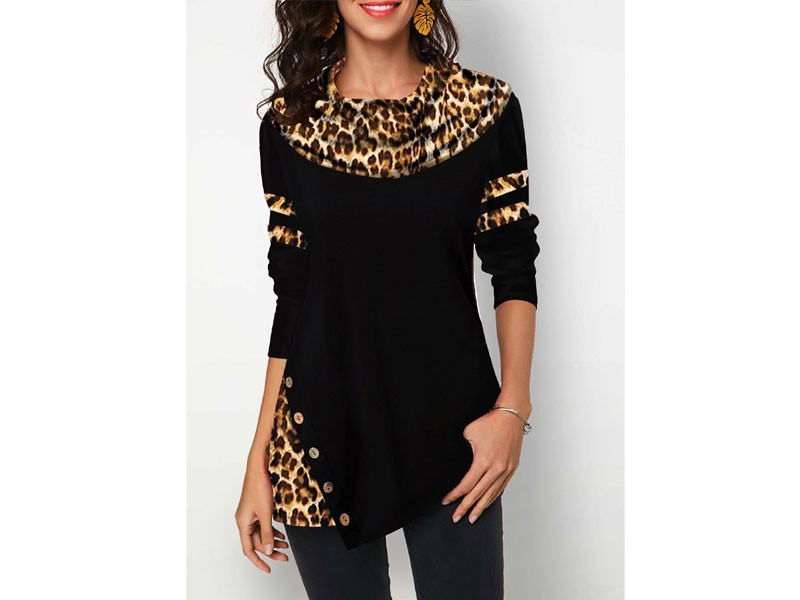 Women's Leopard Print Button Detail Long Sleeve T Shirt