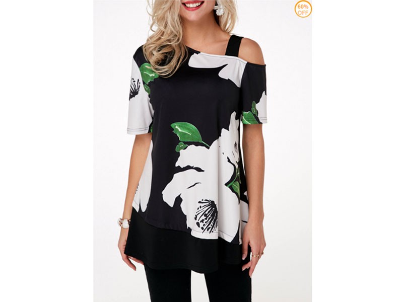 Women's Flower Print Cold Shoulder Short Sleeve T Shirt